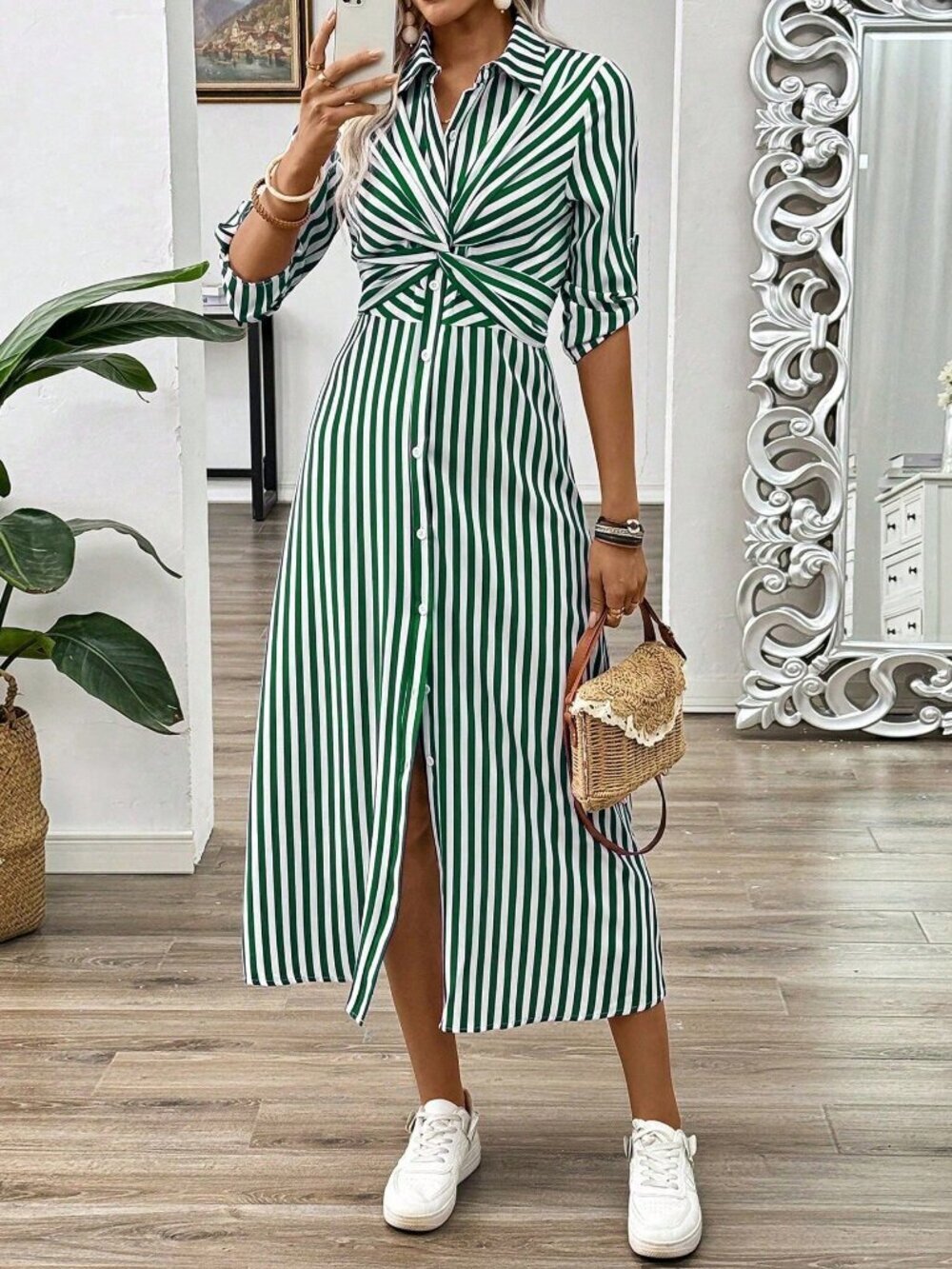 Green Casual Women's Mid-Length Sleeve Long Dress